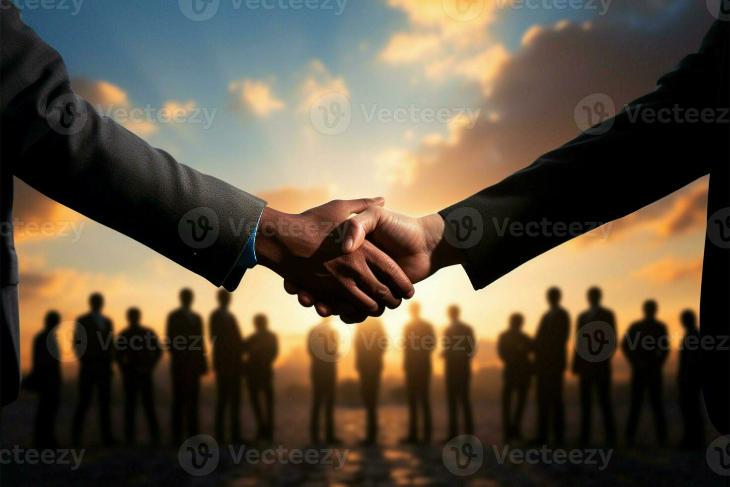 Flat icons symbolize people joining hands against a sky, representing cooperation AI Generated photo