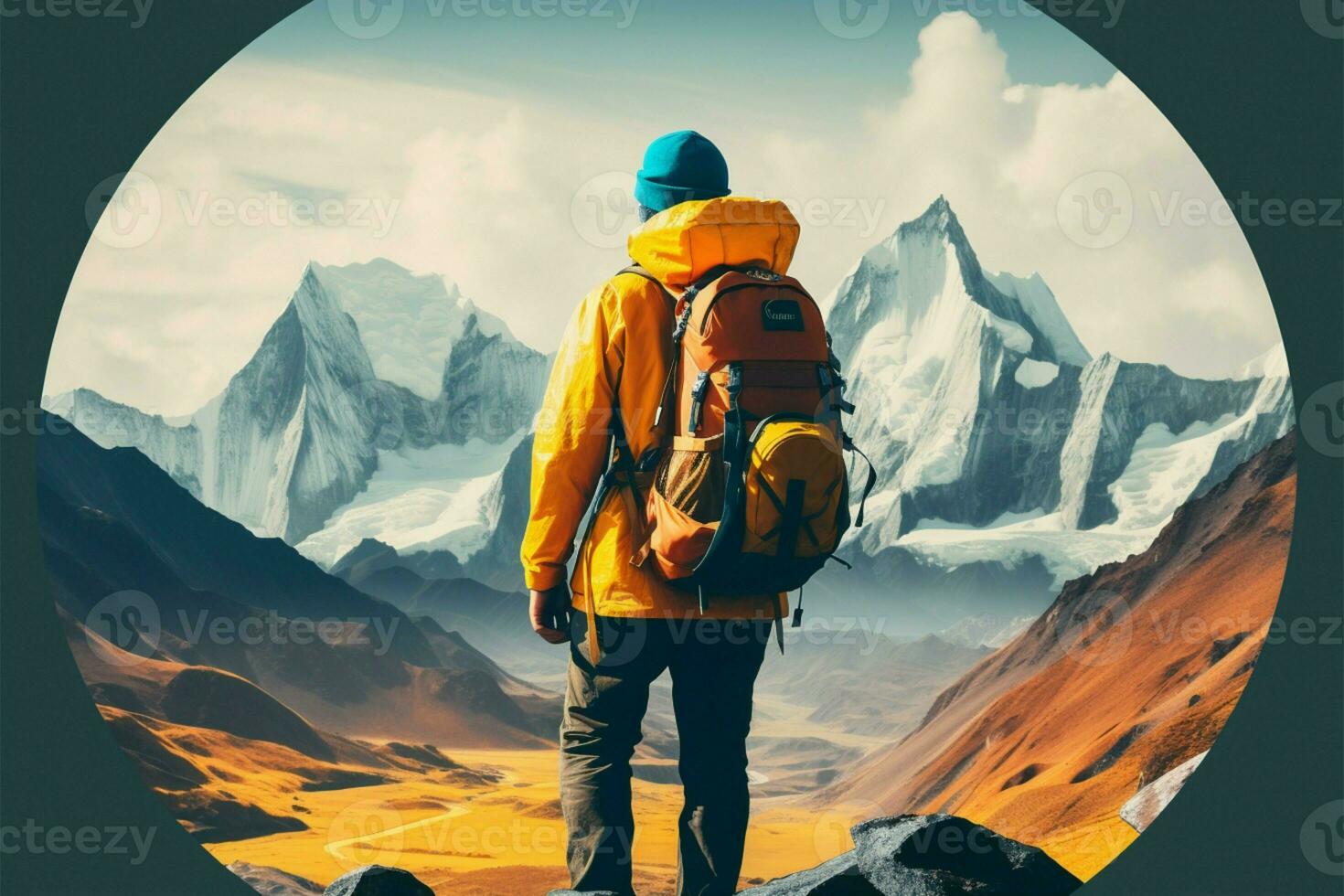 A backpacker stands before a majestic mountain landscape AI Generated photo