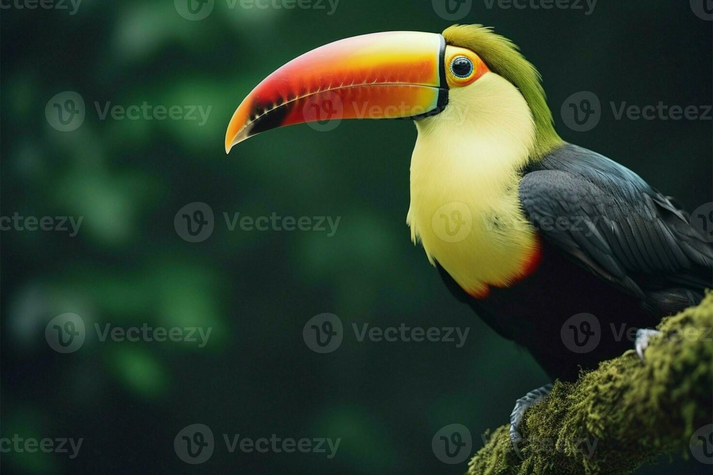 Toucan perched on a forest branch amid lush green vegetation AI Generated photo