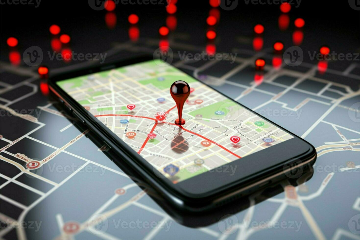 Digital guidance. Map with red pointers outlines route on smartphone AI Generated photo
