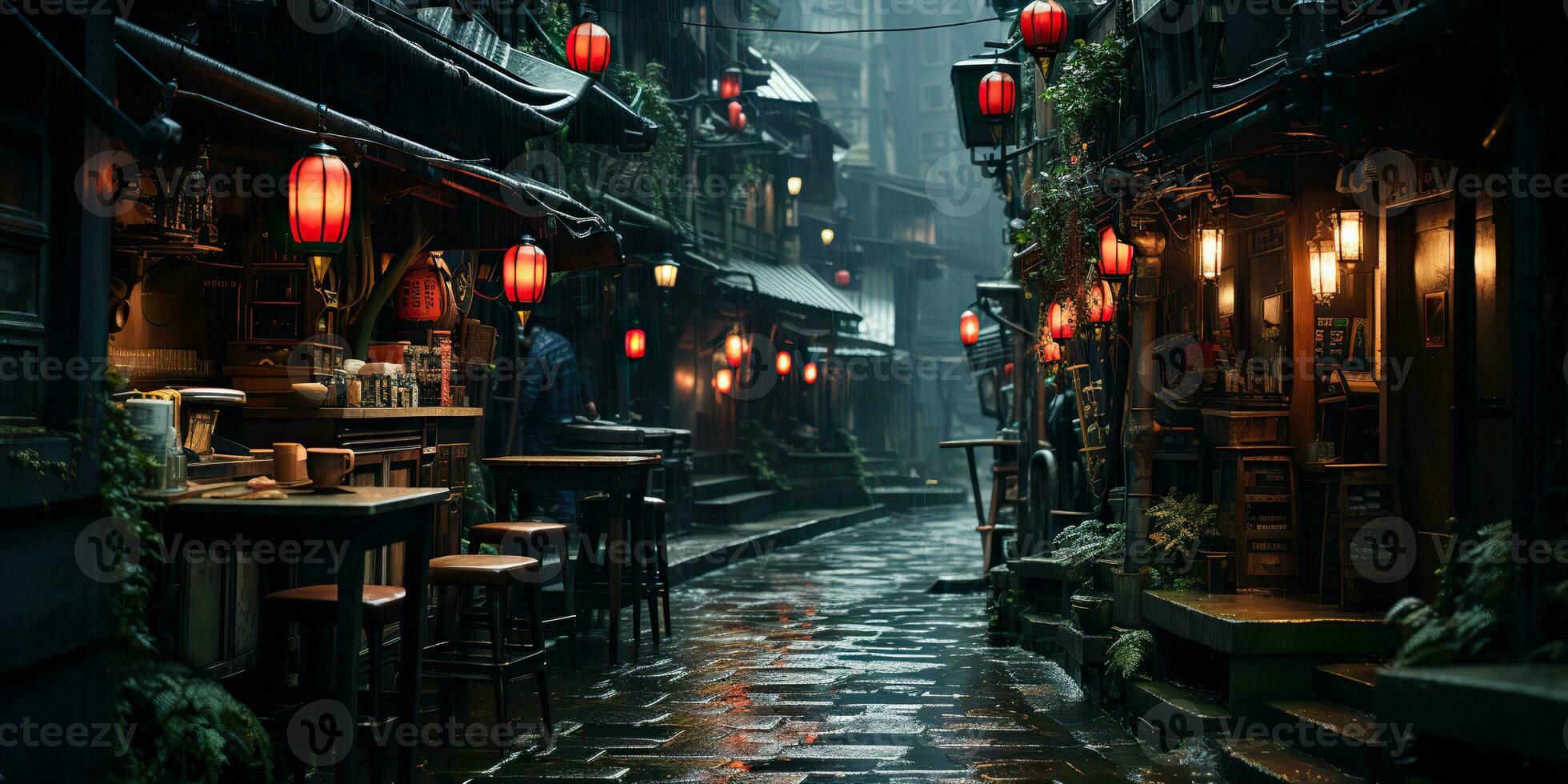 AI Generated. AI Generative. Traditional Japanese city town walking street night life in rain time. Cityscape adventure travel explore. Graphic Art photo