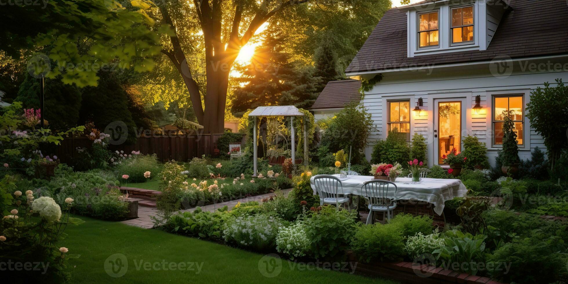 ai generado. ai generativo. naturaleza al aire libre exterior casa jardín con acogedor mesa con muchos plantas flores gráfico Arte foto