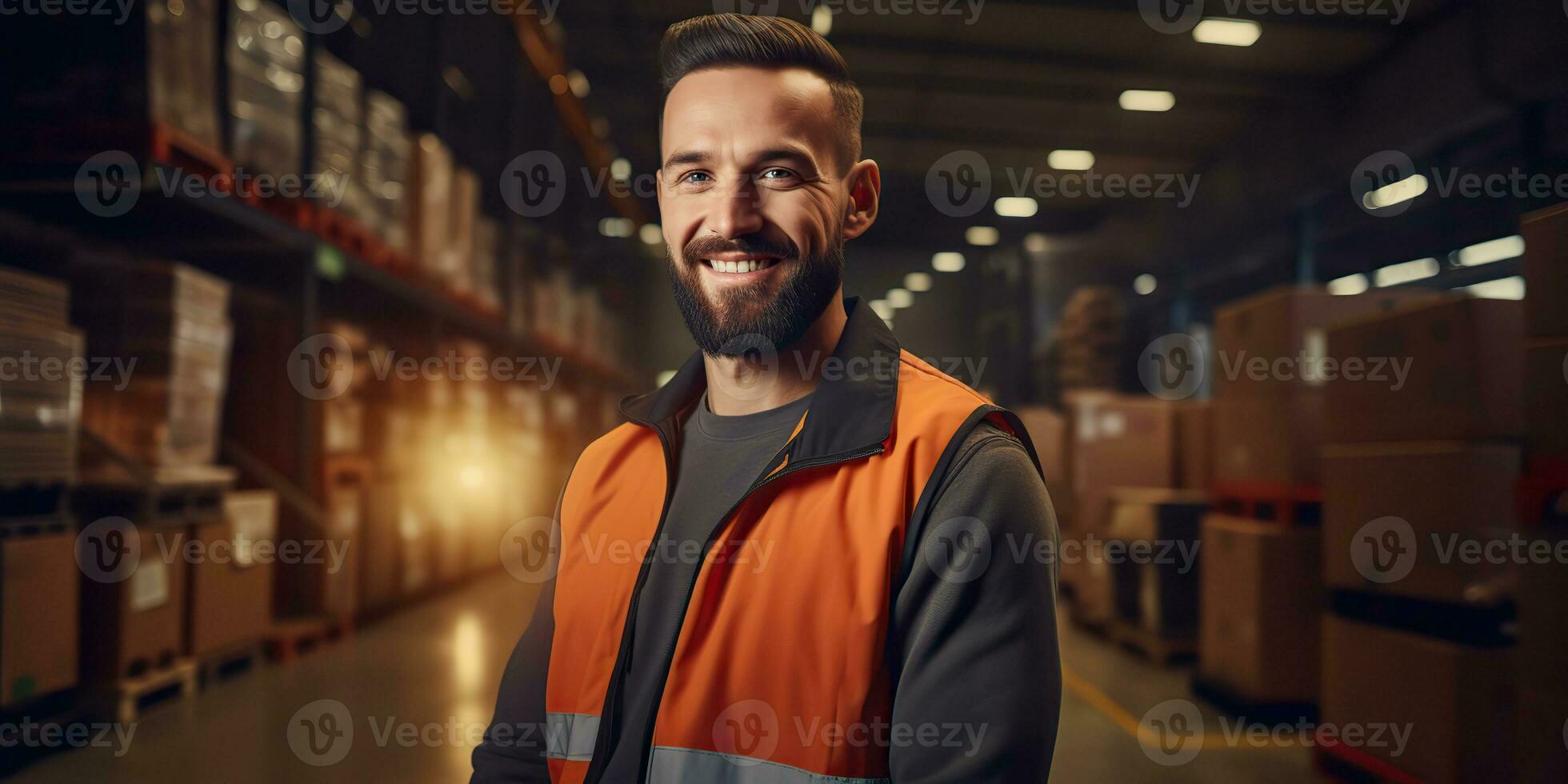 AI Generated. AI Generative. Warehouse stock house shipping delivery cargo logistic worker manager portrait background. Graphic Art photo