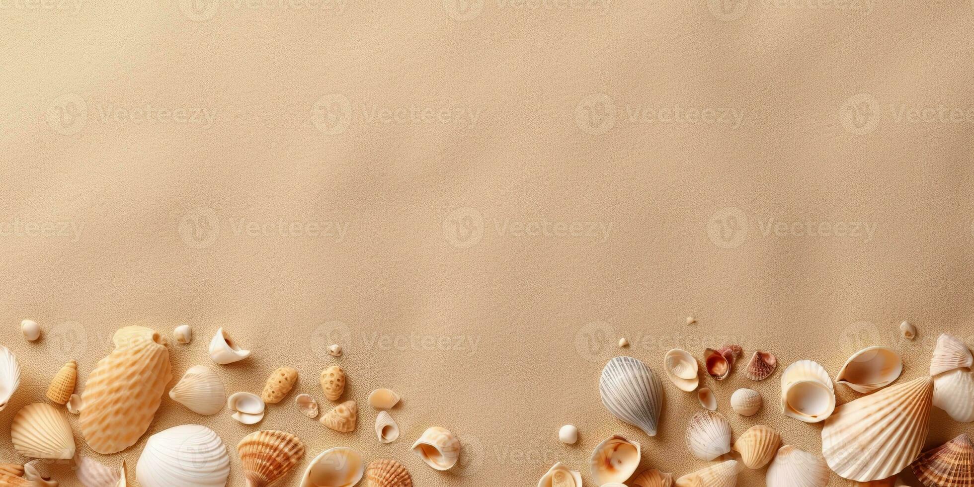 AI Generated. AI Generative. Nautical beach marine seascape sea shell sand island copy space mock up background. Graphic Art photo