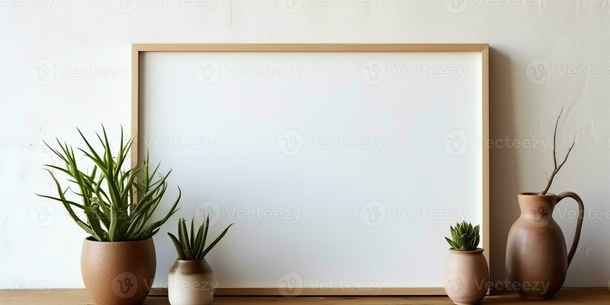 AI Generated. AI Generative. Cozy home mockup wall living room decoration frame background with plants and sofa. Graphic Art photo