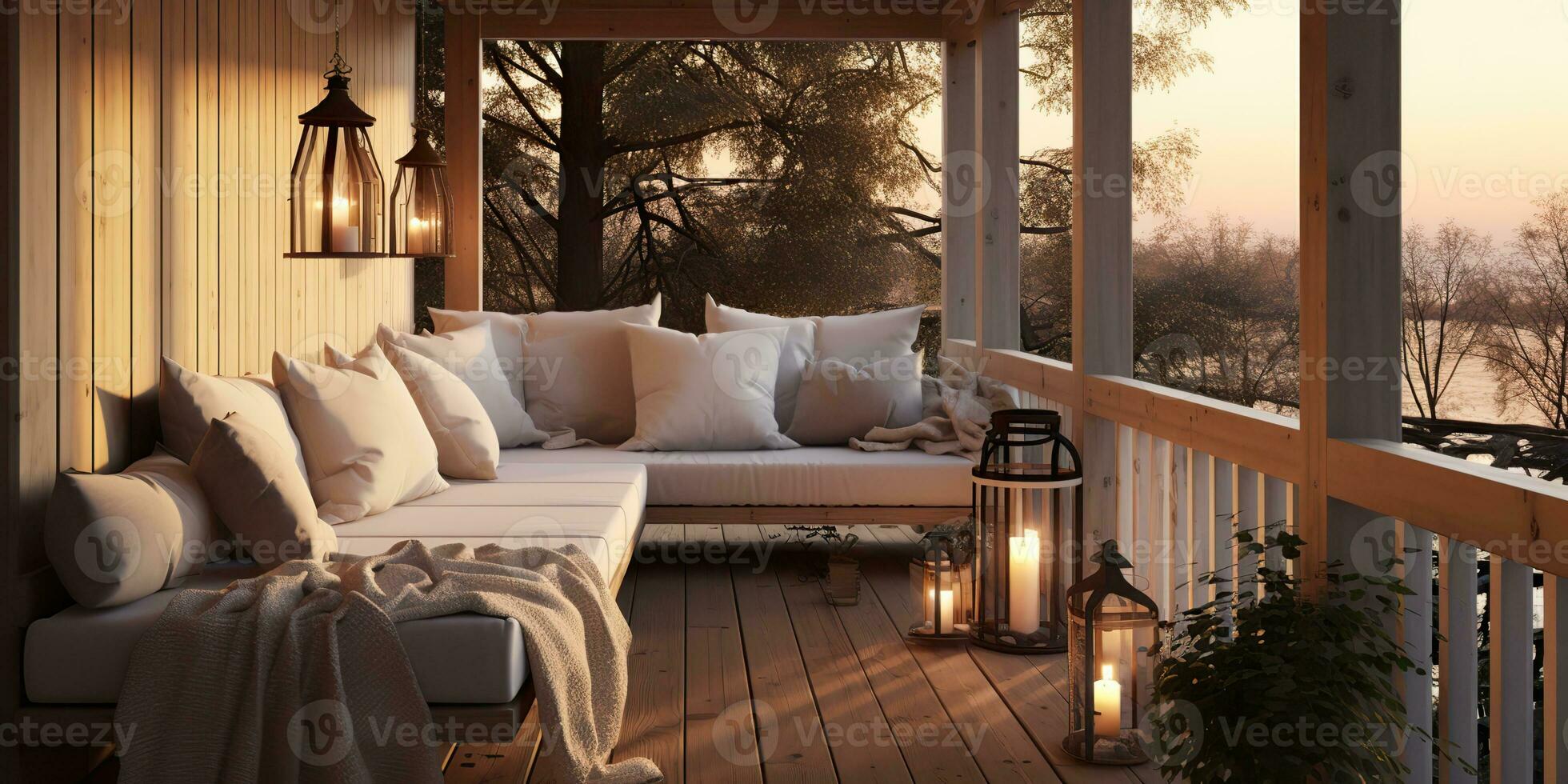AI Generated. AI Generative. Vintage retro modern scandinavian style porch veranda sofa with table sitting relax place with many flowers and plants. Graphic Art photo