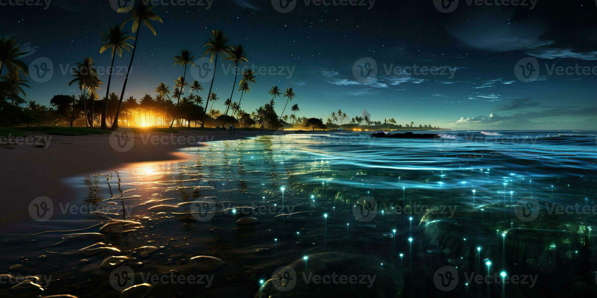 AI Generated. AI Generative. Night glowing light shine plankton sea ocean background. Marine nautical vacation island. Graphic Art photo