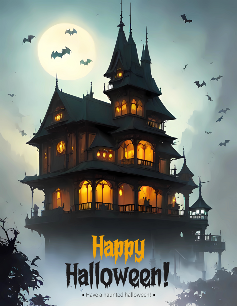 Happy Halloween Poster Template Haunted House With Bats Flying In Halloween Night. Generative AI psd