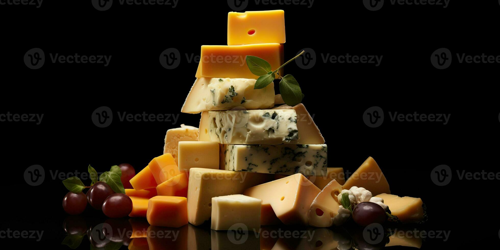 AI Generated. AI Generative. Different cheese parts on black background mock up. Graphic Art photo