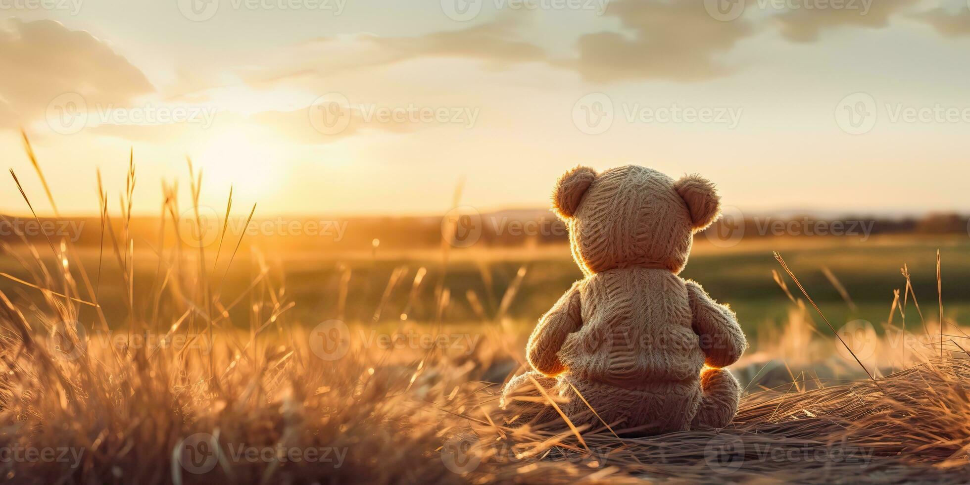 AI Generated. AI Generative. Alone missing one toy doll little bear sitting looking on sunset background landscape outdoor. Graphic Art photo