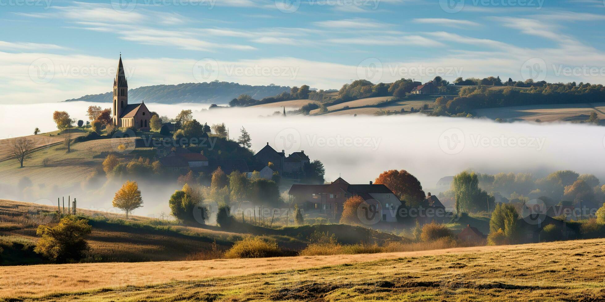 ai generado. ai generativo. hermosa naturaleza al aire libre paisaje con Iglesia en un colina campo prado antecedentes. gráfico Arte foto