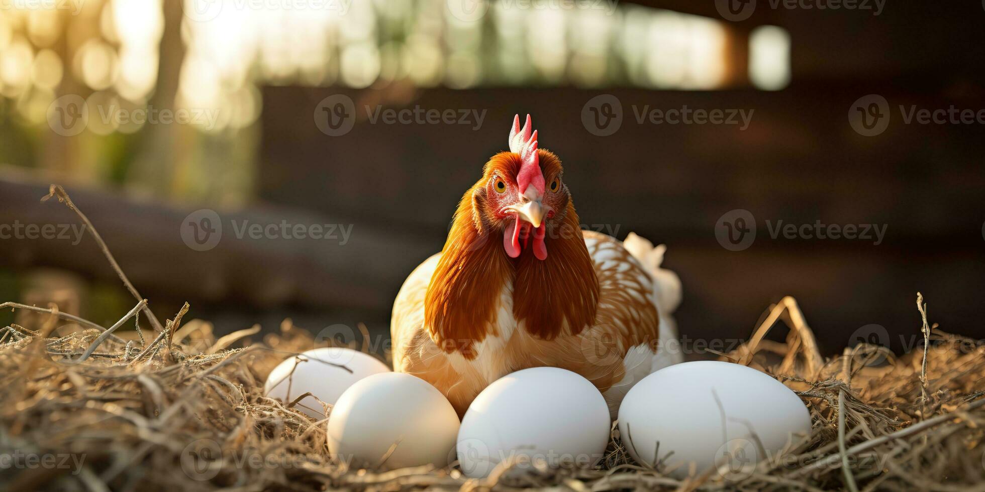 ai generado. ai generativo. orgánico eco pollo gallo y huevo a campo granja antecedentes. gráfico Arte foto