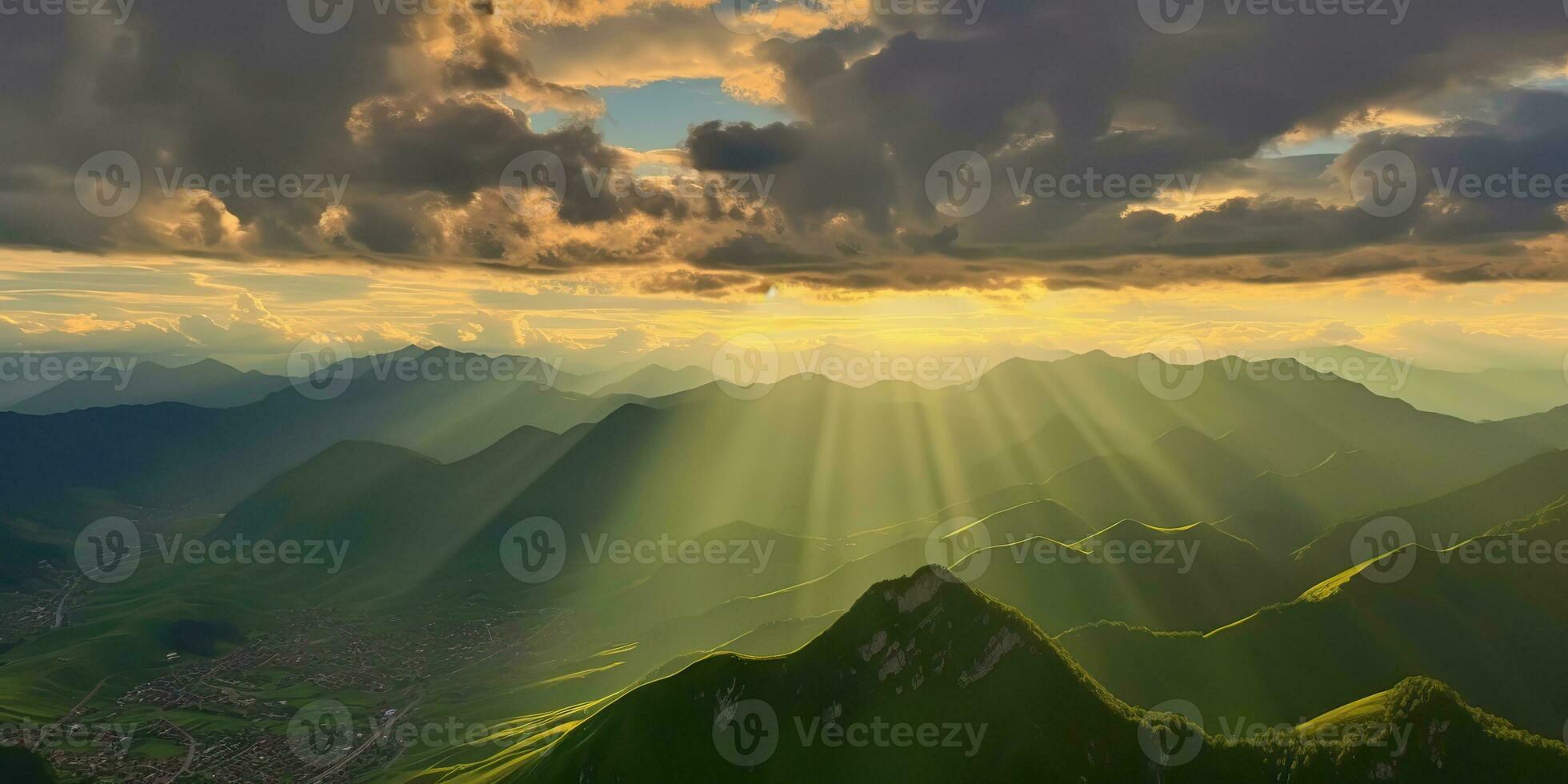 AI Generated. AI Generative. Sun ligh rays from the coulds on green mountains. Outdoor nature adventure landscape background. Graphic Art photo