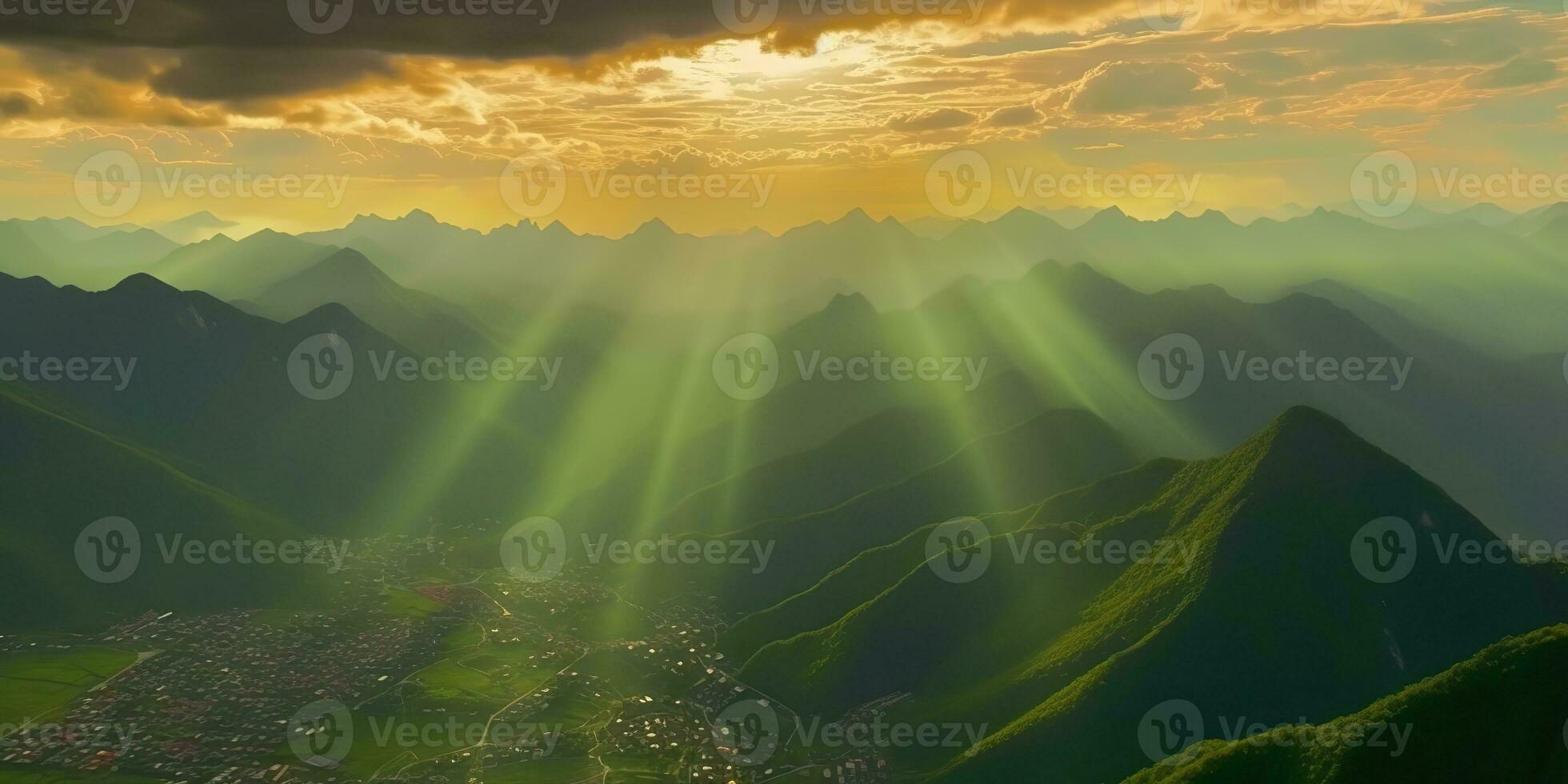 AI Generated. AI Generative. Sun ligh rays from the coulds on green mountains. Outdoor nature adventure landscape background. Graphic Art photo