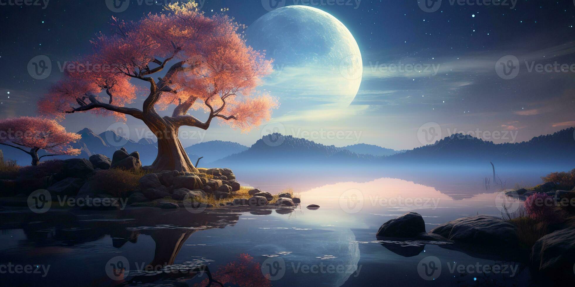 AI Generated. AI Generative. Chill relax inner peace calm nature outdoor landscape background. Mountains river lake tree moon landmark view. Graphic Art photo