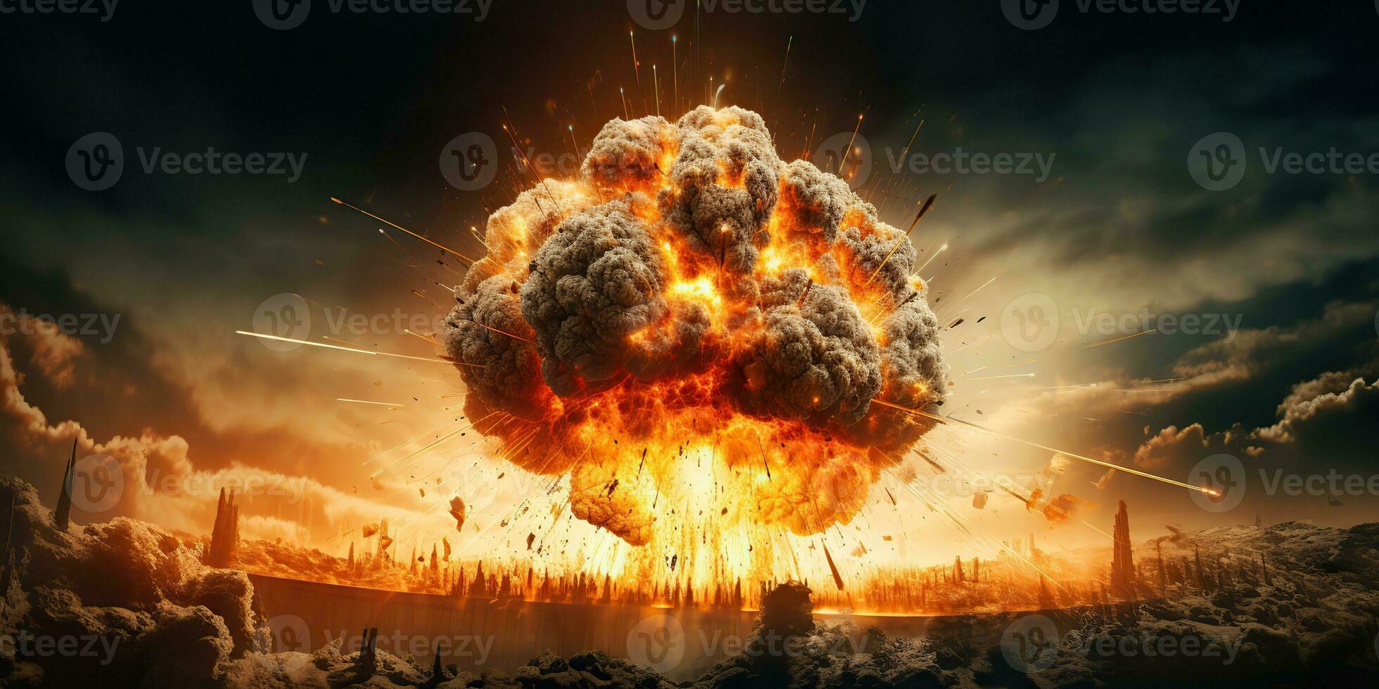 AI Generated. AI Generative. Nuclear atomic explosion boom mushroom fire flame smoke apocalypse detonation. Graphic Art photo