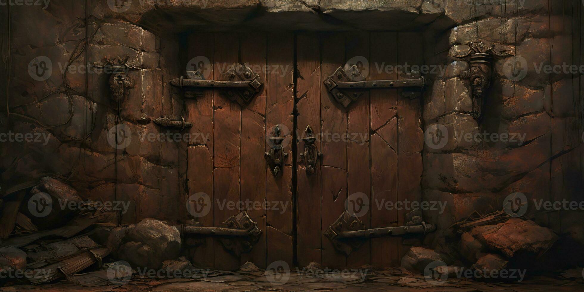 ai generado. ai generativo. fantasía dibujos animados calabozo puerta Entrada salida de madera y metal. gráfico Arte foto
