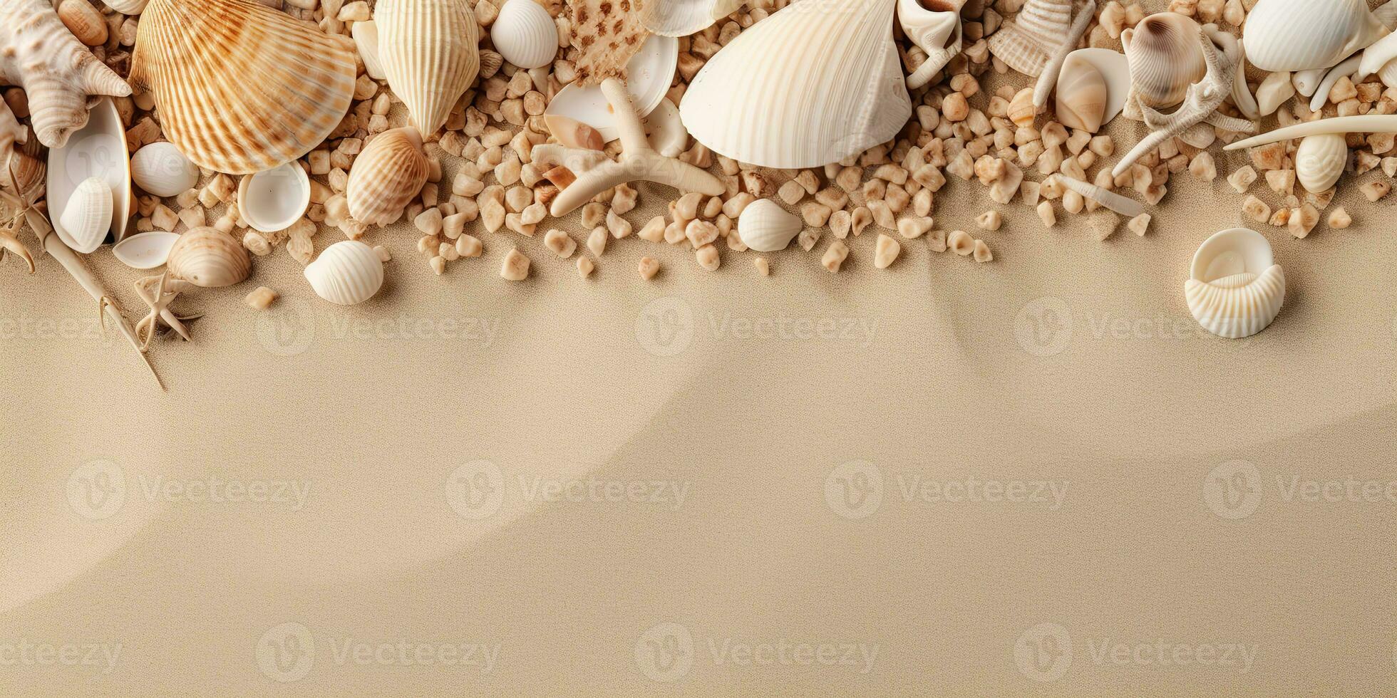 AI Generated. AI Generative. Nautical beach marine seascape sea shell sand island copy space mock up background. Graphic Art photo