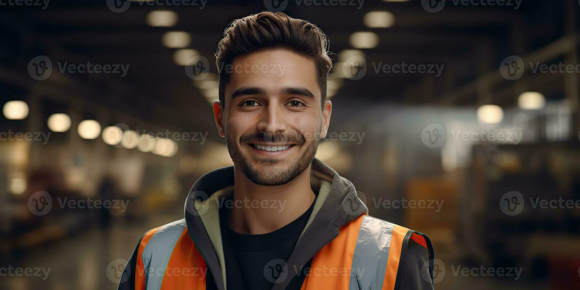 AI Generated. AI Generative. Warehouse stock house shipping delivery cargo logistic worker manager portrait background. Graphic Art photo