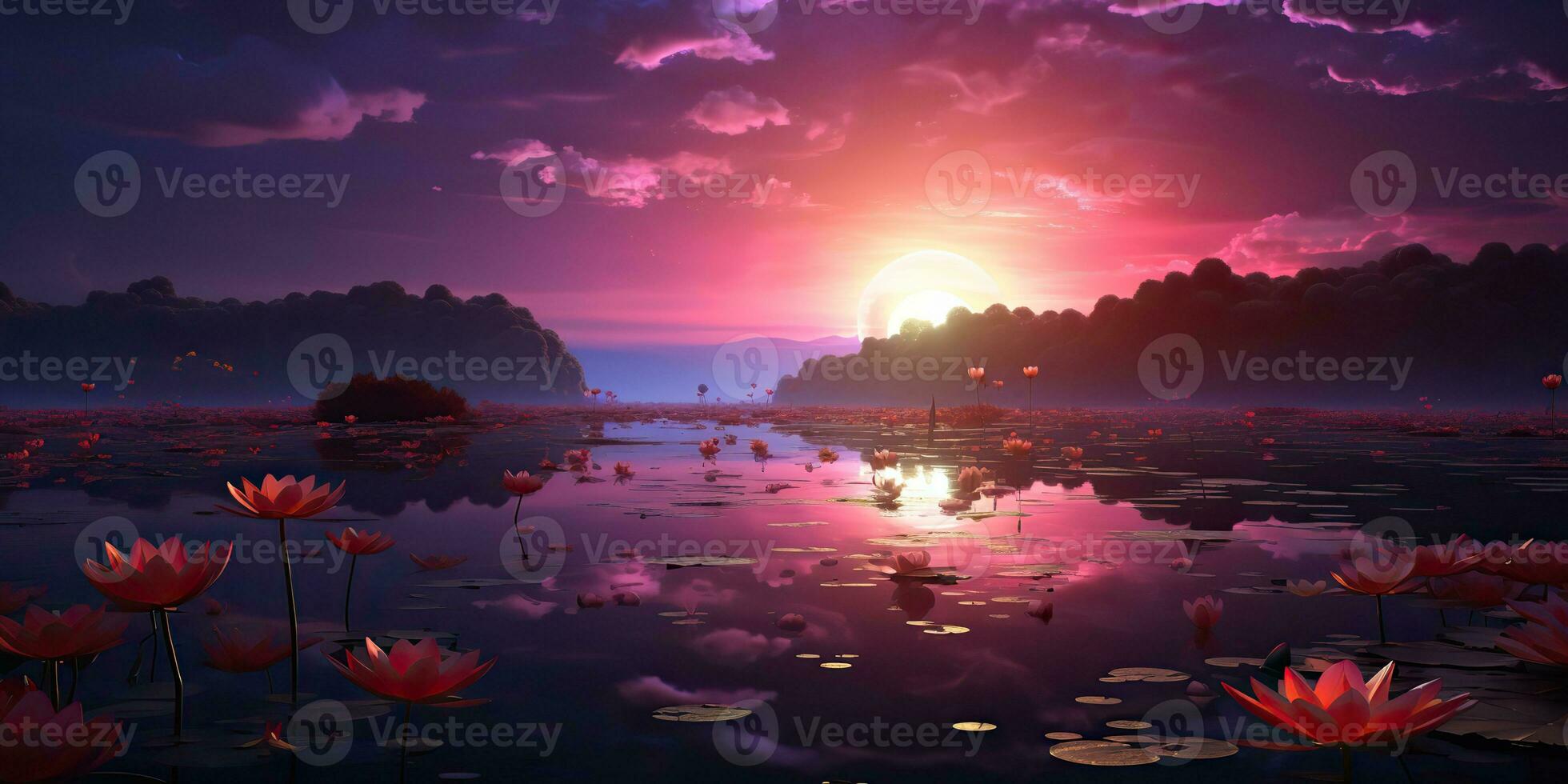 AI Generated. AI Generative. Chill relax inner peace calm nature outdoor landscape background. Mountains river lake tree moon landmark view. Graphic Art photo