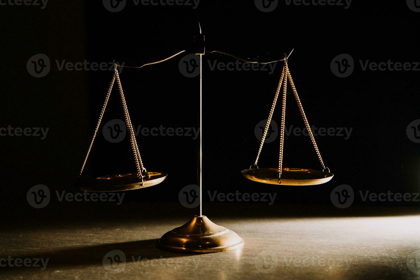 Business and lawyers discussing contract papers with brass scale on desk in office. Law, legal services, advice, justice and law concept picture with film grain effect photo