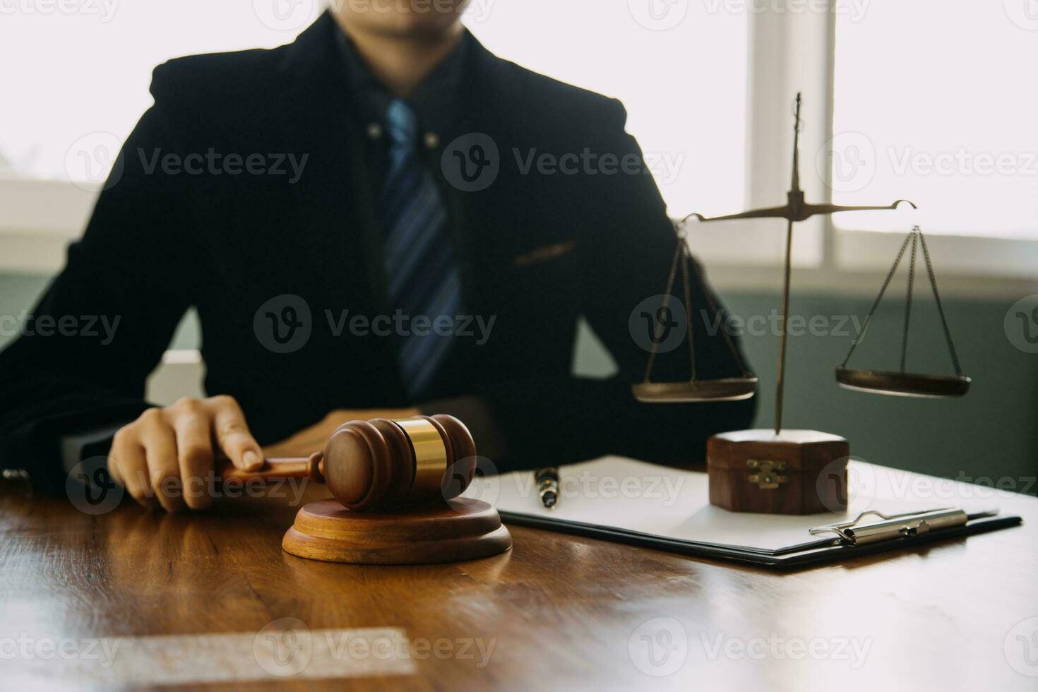 Businessman and Male lawyer or judge consult having team meeting with client, Law and Legal services concept. photo