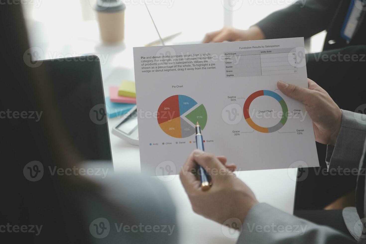 Financial analysts analyze business financial reports on a digital tablet planning investment project during a discussion at a meeting of corporate showing the results of their successful teamwork. photo