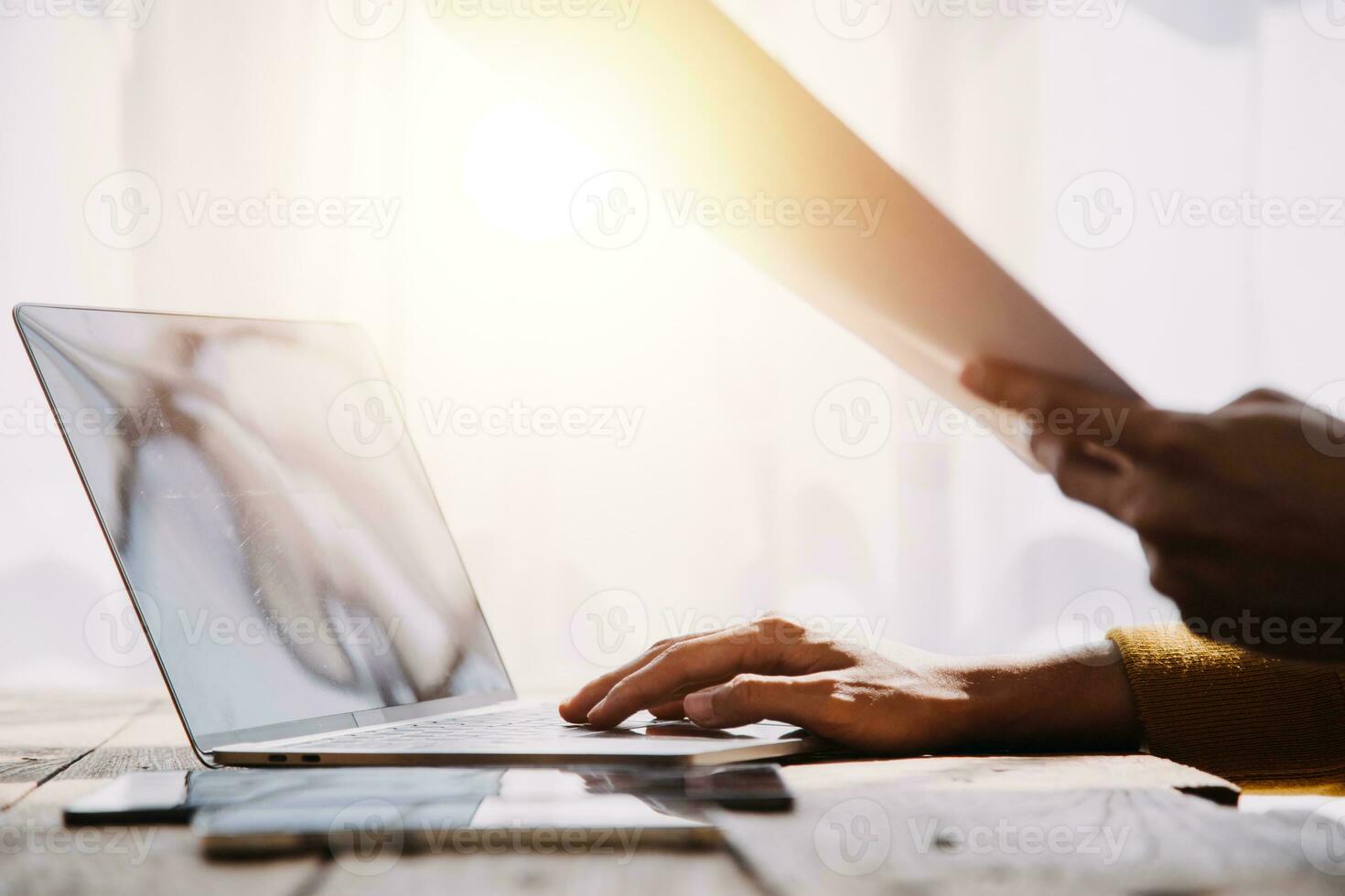 Business Man Financial Inspector and Secretary Making Report, Calculating or Checking Balance. Internal Revenue Service Inspector Checking Document Audit Concept photo