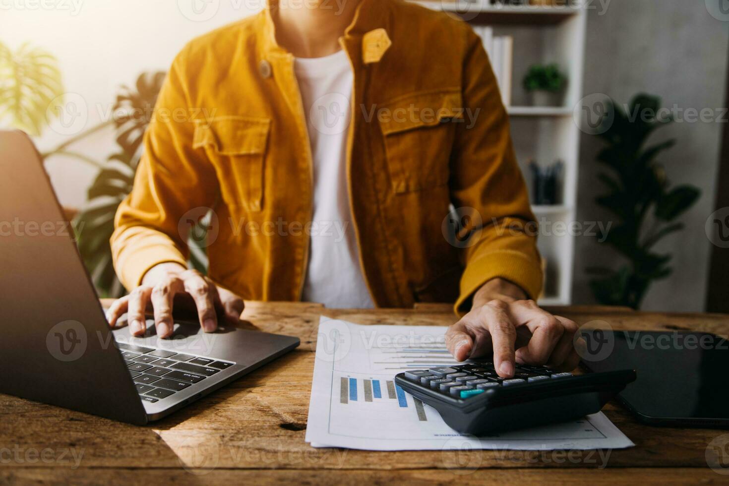Business Man Financial Inspector and Secretary Making Report, Calculating or Checking Balance. Internal Revenue Service Inspector Checking Document Audit Concept photo