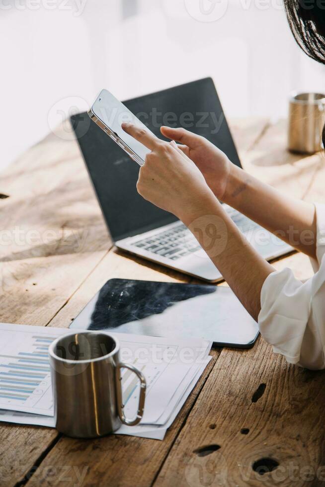 Business Man Financial Inspector and Secretary Making Report, Calculating or Checking Balance. Internal Revenue Service Inspector Checking Document Audit Concept photo