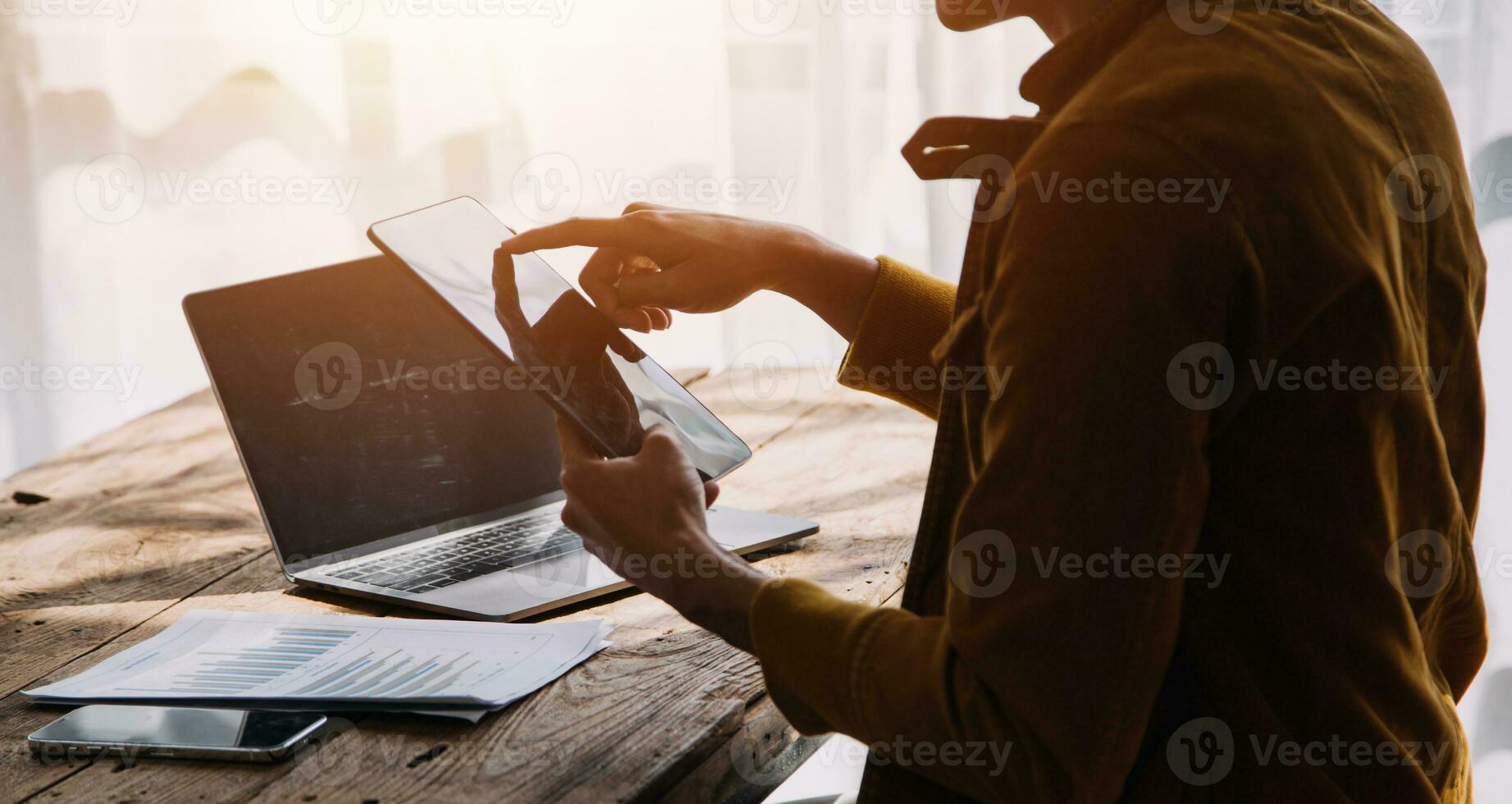 Business Man Financial Inspector and Secretary Making Report, Calculating or Checking Balance. Internal Revenue Service Inspector Checking Document Audit Concept photo