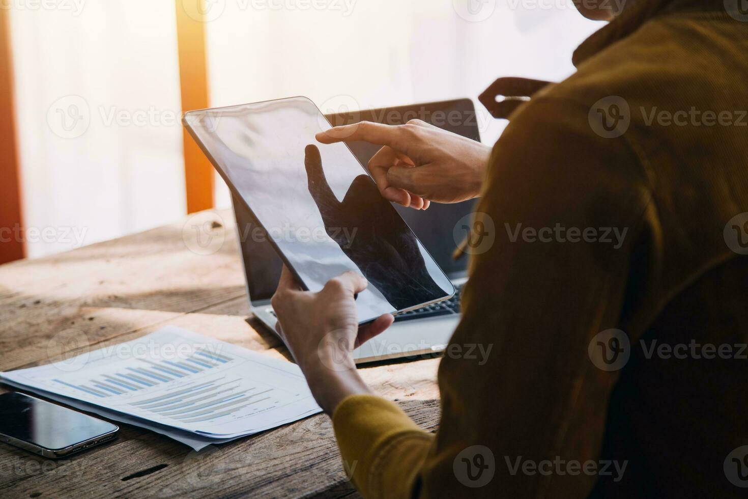 Business Man Financial Inspector and Secretary Making Report, Calculating or Checking Balance. Internal Revenue Service Inspector Checking Document Audit Concept photo