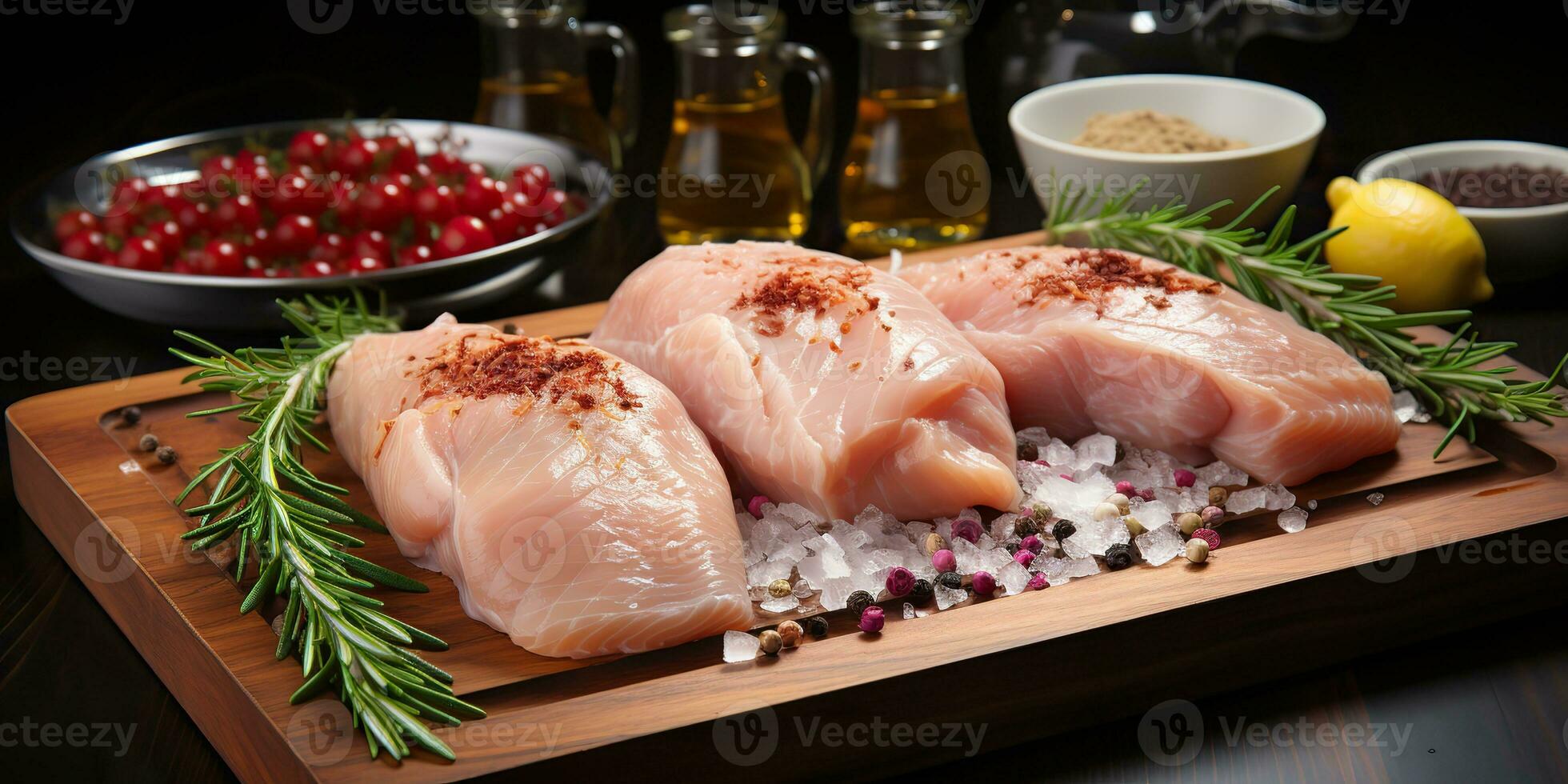 AI Generated. AI Generative. Raw chicken bird fillet meat on table cooking meal. Graphic Art photo