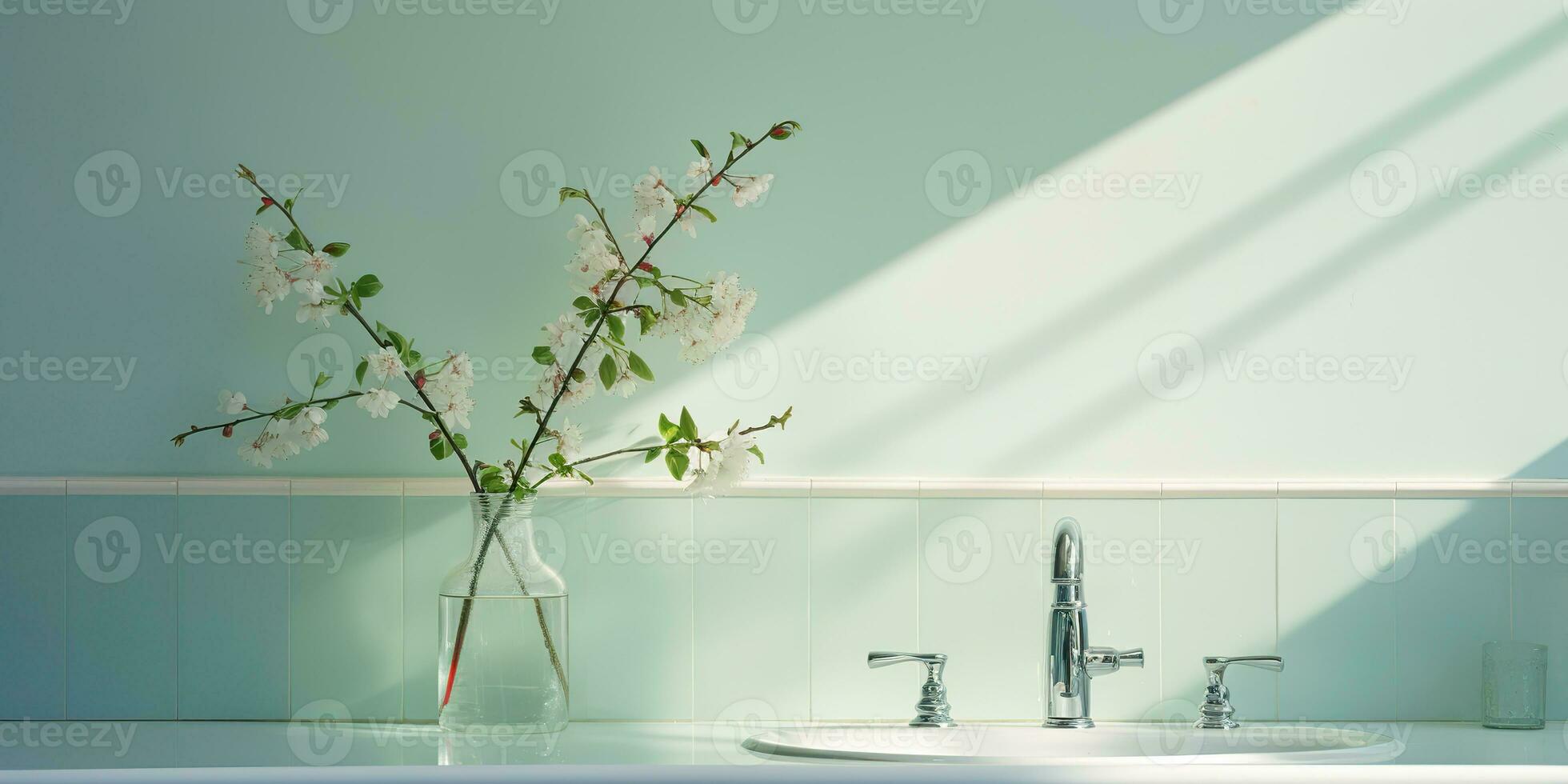 AI Generated. AI Generative. White modern minimal white luxury sink bathroom kitchen with mirror and plant flower. Graphic Art photo