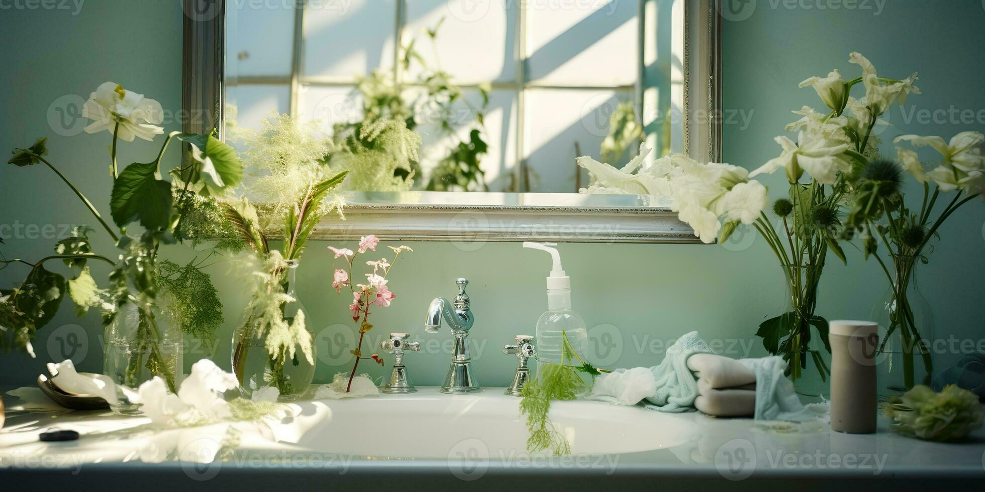 AI Generated. AI Generative. White modern minimal white luxury sink bathroom kitchen with mirror and plant flower. Graphic Art photo