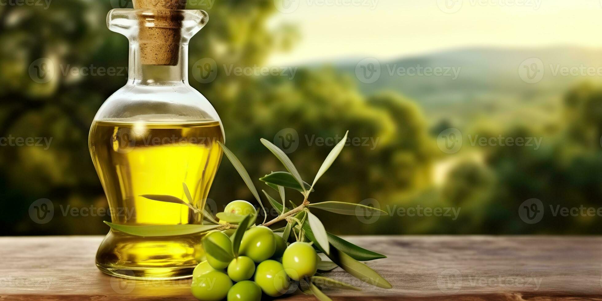 AI Generated. AI Generative. Olive oil on wooden background table nature outdoor mock up decoration. Graphic Art photo