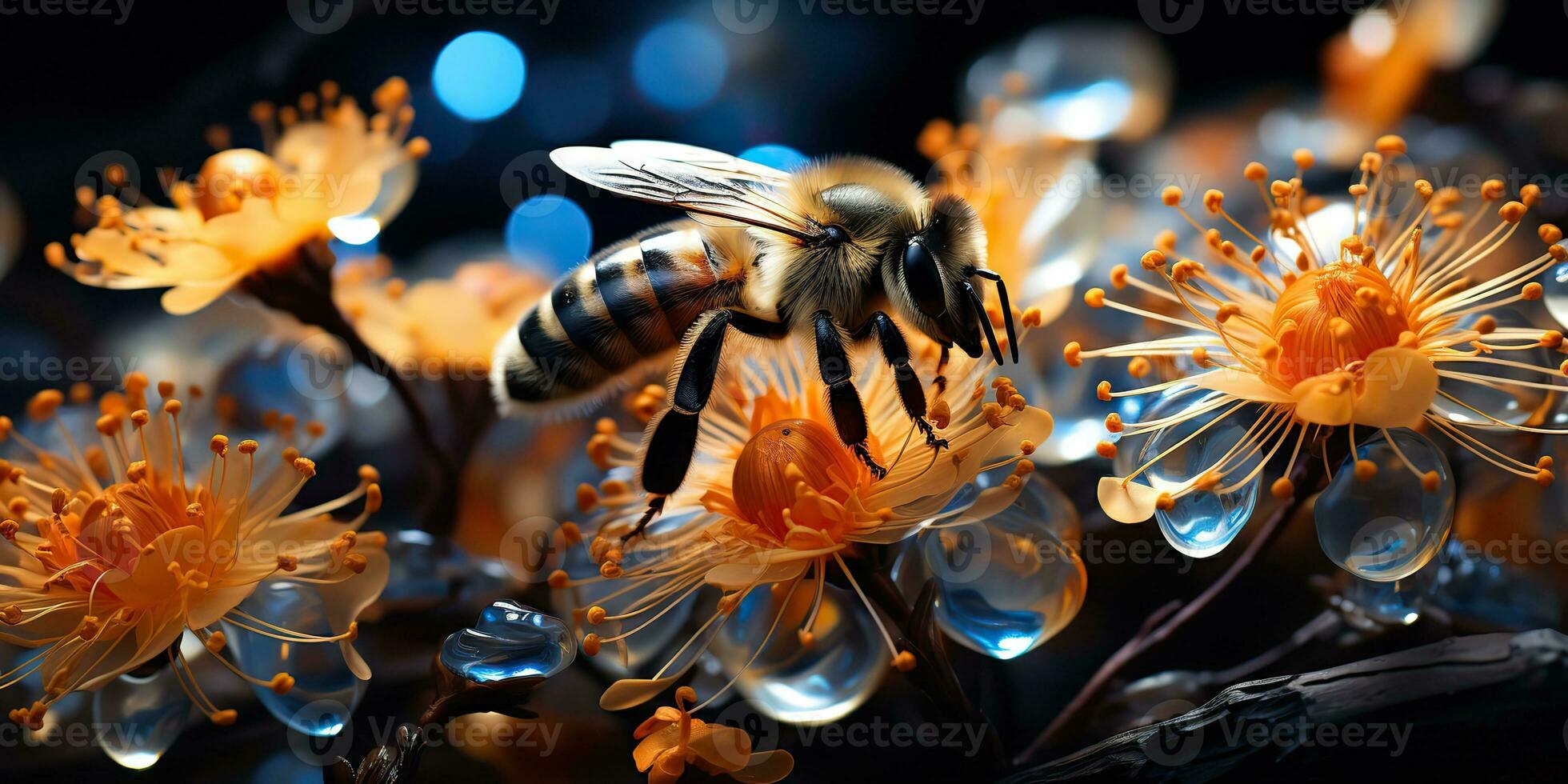 AI Generated. AI Generative. Nature outdoor wild flowers plant wild field flowers blossom with bee. Graphic Art photo