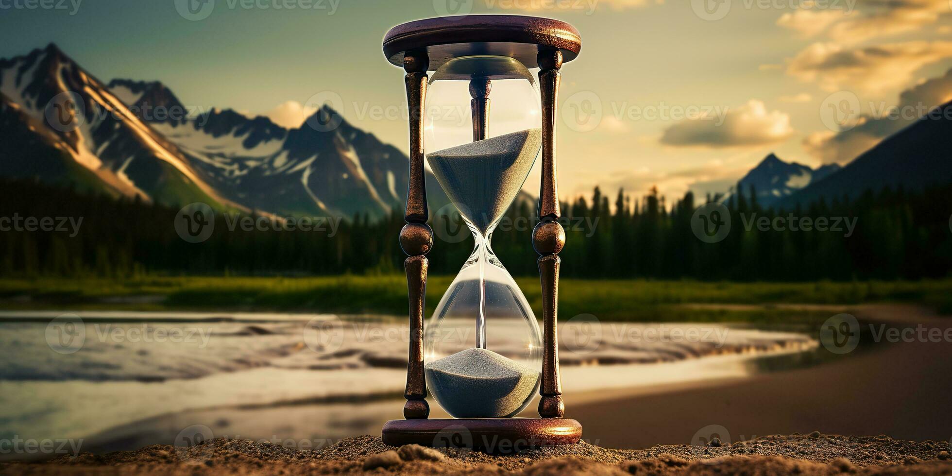 AI Generated. AI Generative. Time watch hourglass sandglass outdoor nature adventure vacation background landscape. Graphic Art photo