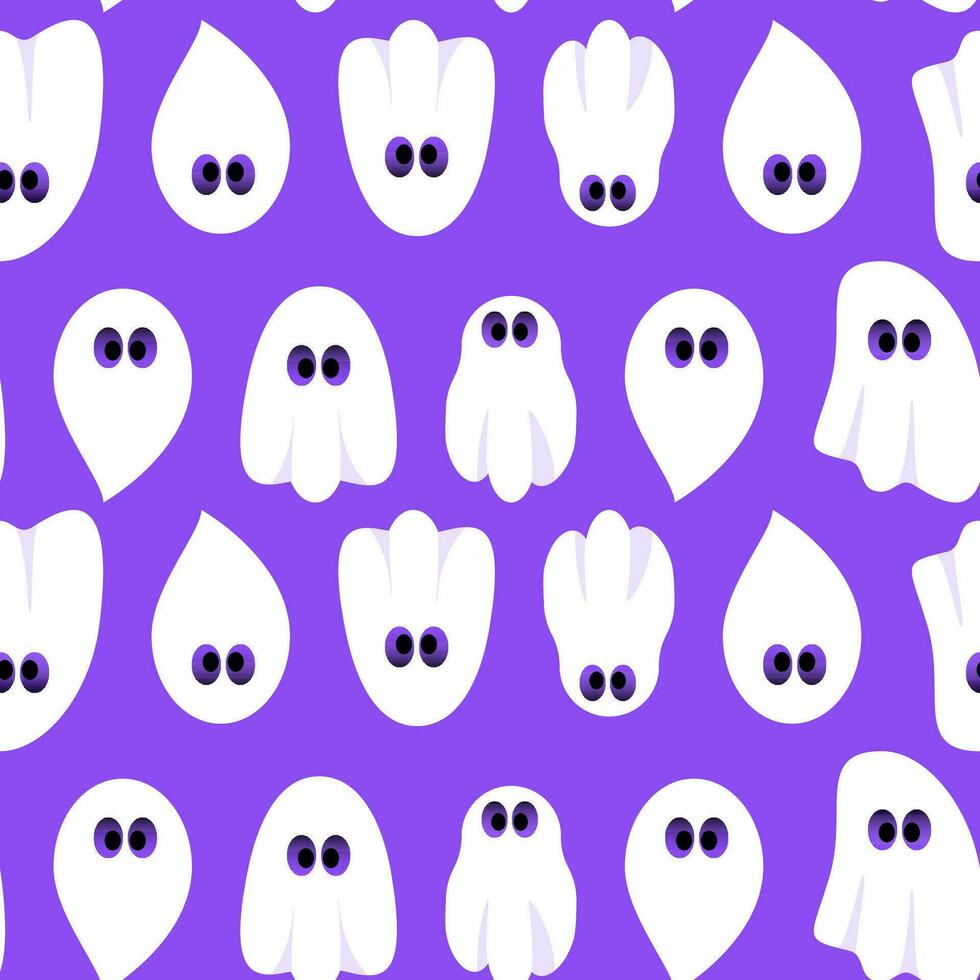 Seamless purple pattern of cute white ghosts vector