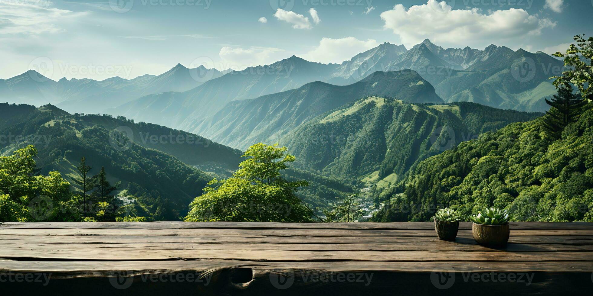AI Generated. AI Generative. Wooden table nature outdoor forest mountain nature landscape background. Graphic Art photo