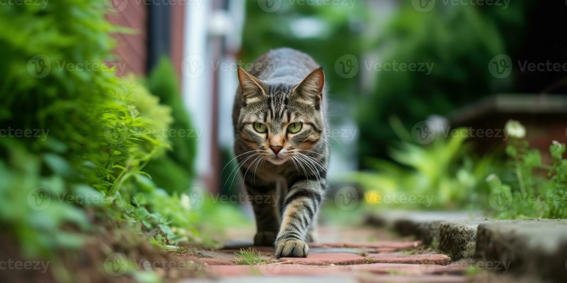 AI Generated. AI Generative. One lonely cat pet walking street city urban background. Graphic Art photo