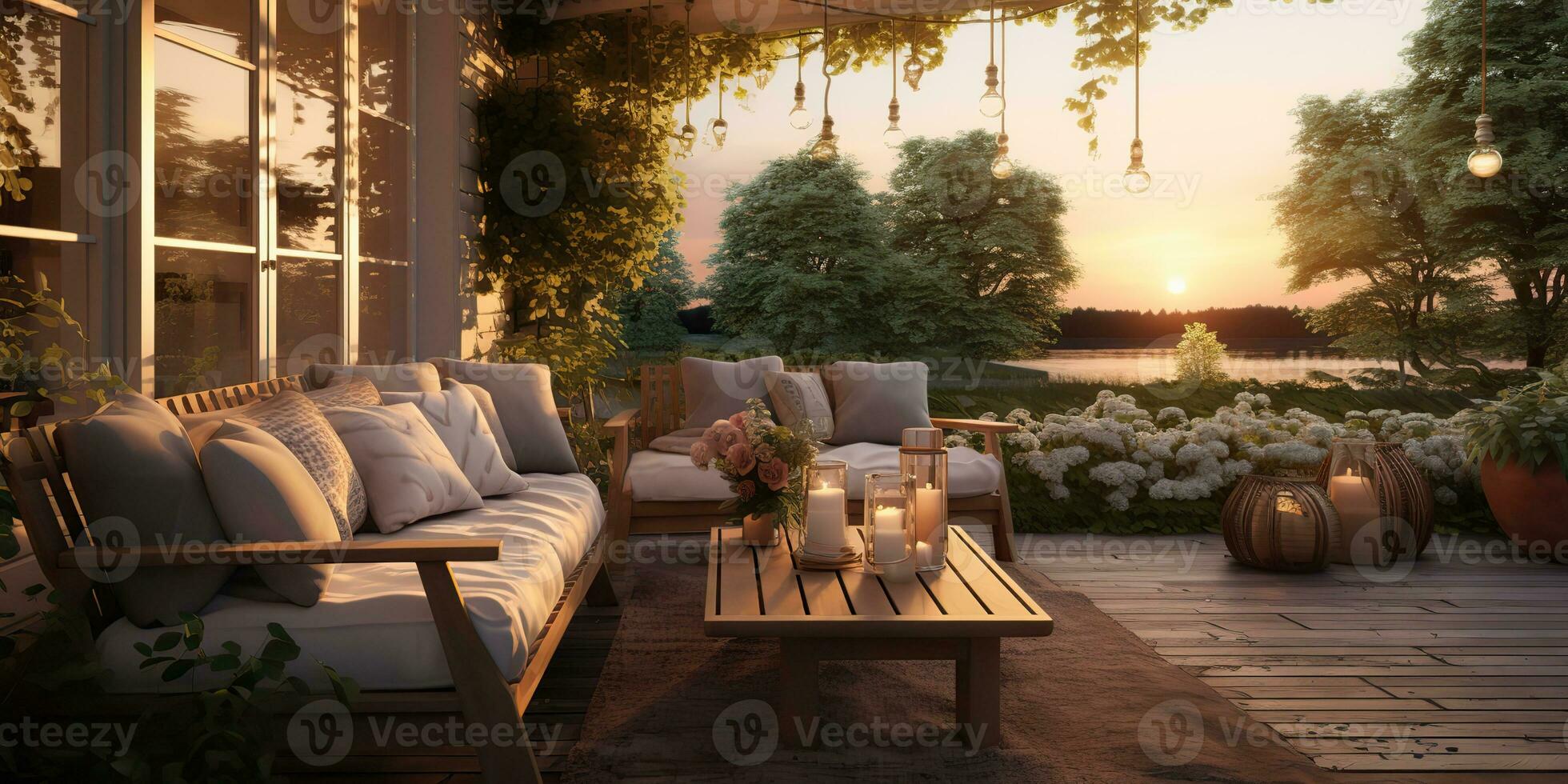 AI Generated. AI Generative. Vintage retro modern scandinavian style porch veranda sofa with table sitting relax place with many flowers and plants. Graphic Art photo