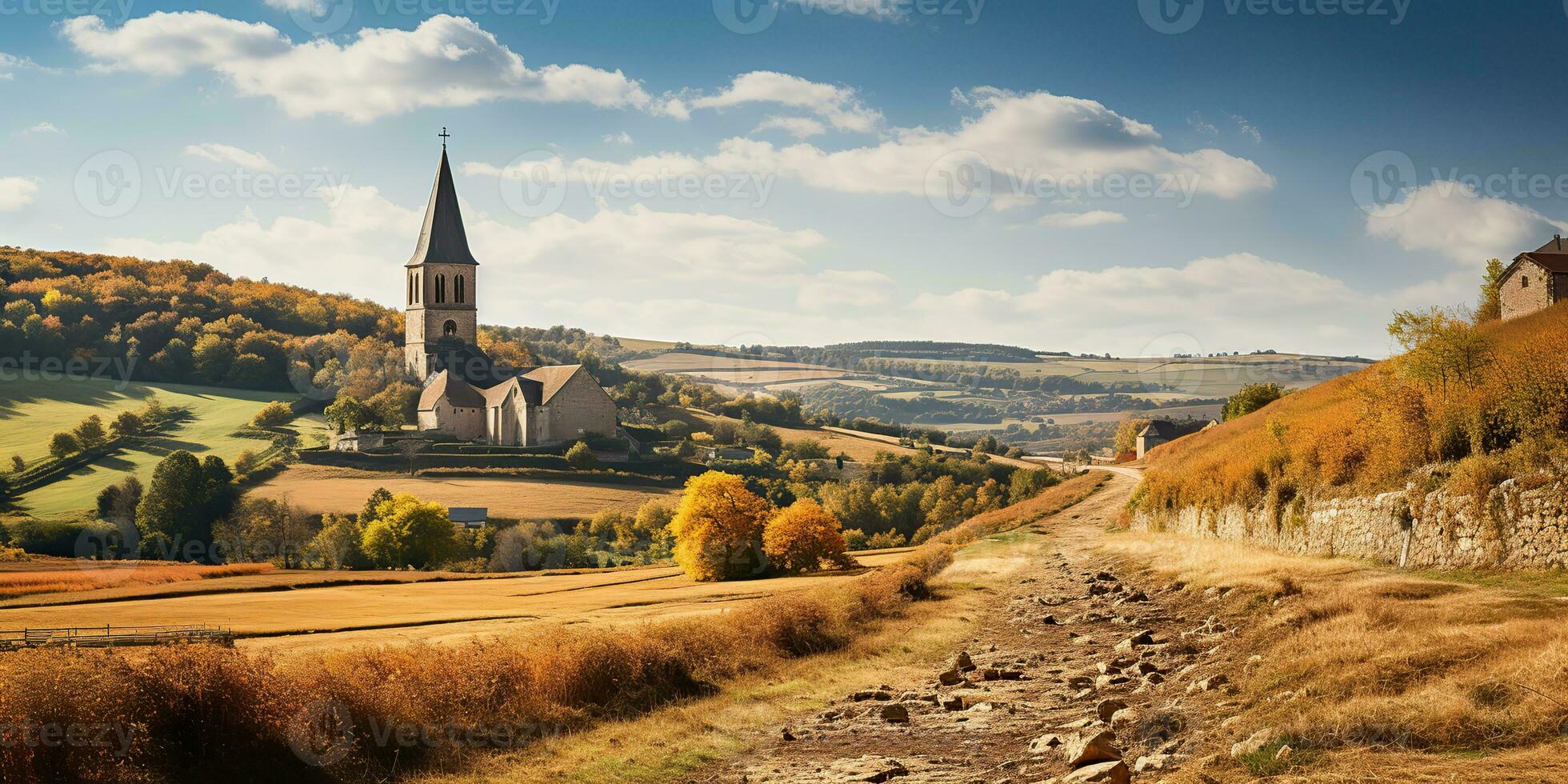 ai generado. ai generativo. hermosa naturaleza al aire libre paisaje con Iglesia en un colina campo prado antecedentes. gráfico Arte foto