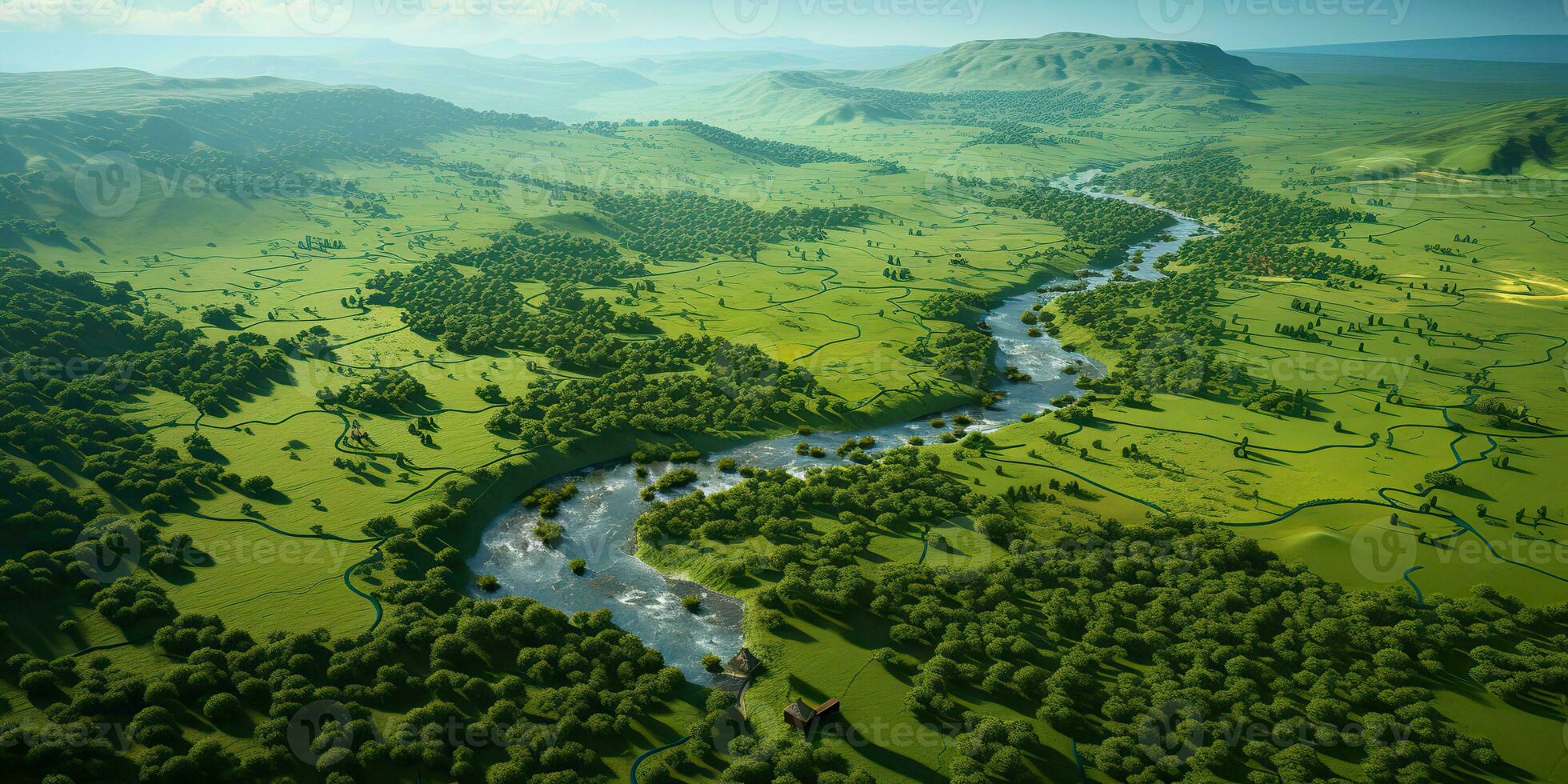 AI Generated. AI Generative. Amazing aerial drone view nature outdoor forest field meadow with river and birds in the sky.  Graphic Art photo