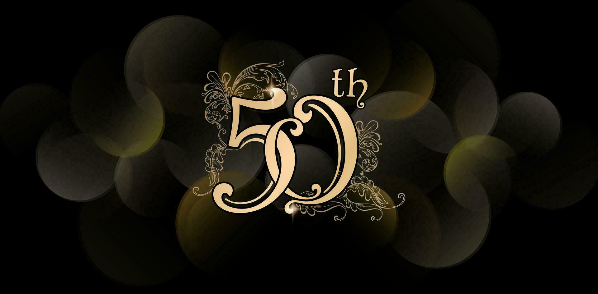 50th Floral ornamental designs lettering numbers Years Anniversary Celebration Golden Color Bokeh Background Illustration for User interface experience designs, event stationery, Branding and identity vector