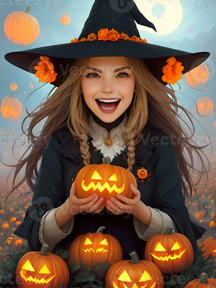 Smiling Witch Holding Pumpkin In Pumpkin Patch. Generative AI photo