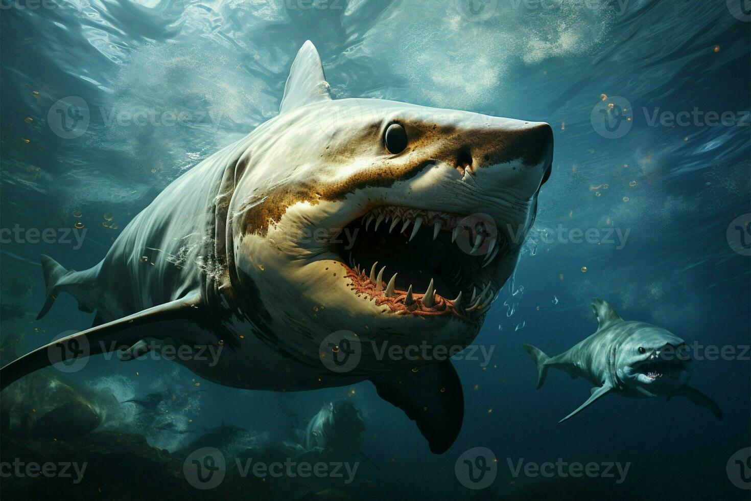Beneath the waves, a pair of sharks cruise in synchronized fluidity AI Generated photo