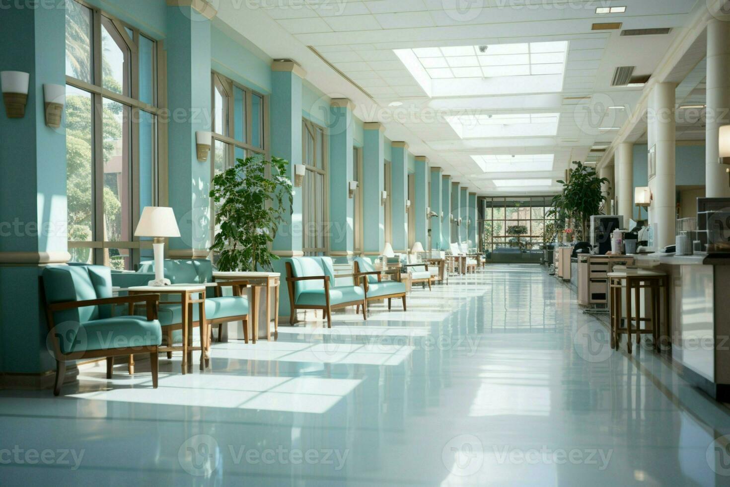 Elegantly blurred hospital corridor backdrop enhances focal areas clarity and significance AI Generated photo