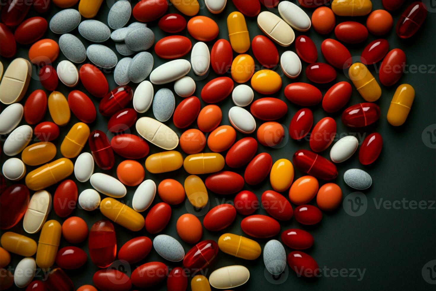 Assortment of pills on red backdrop, text friendly Patterns highlight pill identification AI Generated photo