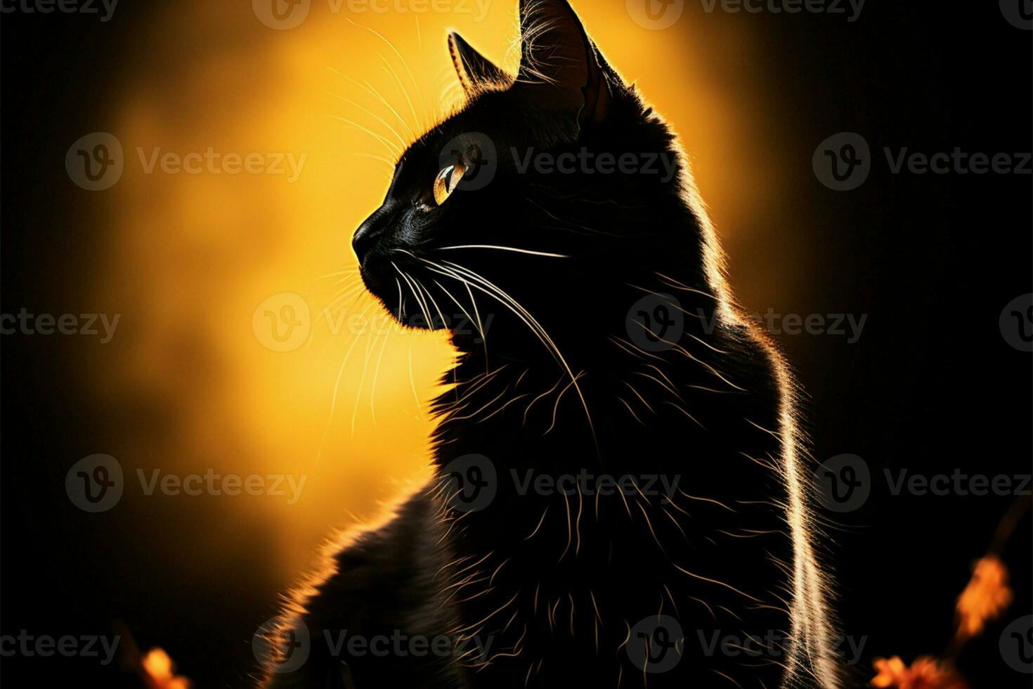 Elegant black cat in silhouette, against a beautifully illustrated backdrop AI Generated photo